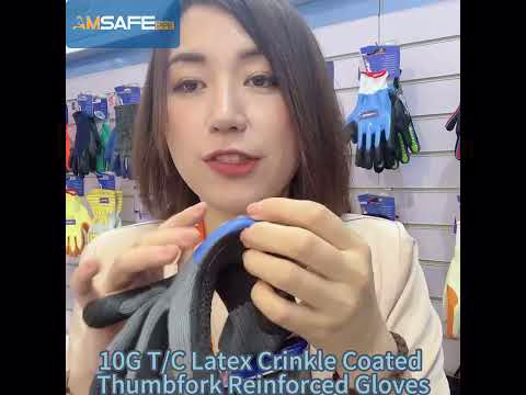 10G T/C Latex Crinkle Coated Thumbfork Reinforced Gloves